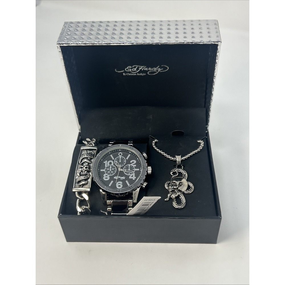 NIB Ed Hardy Men's 3 Pc Watch Jewelry Set Necklace, Bracelet Silver Snake Skull